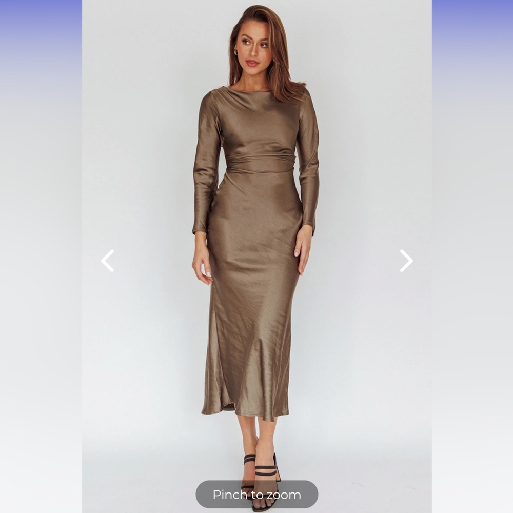 Elegant Brown Sheath Dress with Mock Neck and Bishop Sleeves